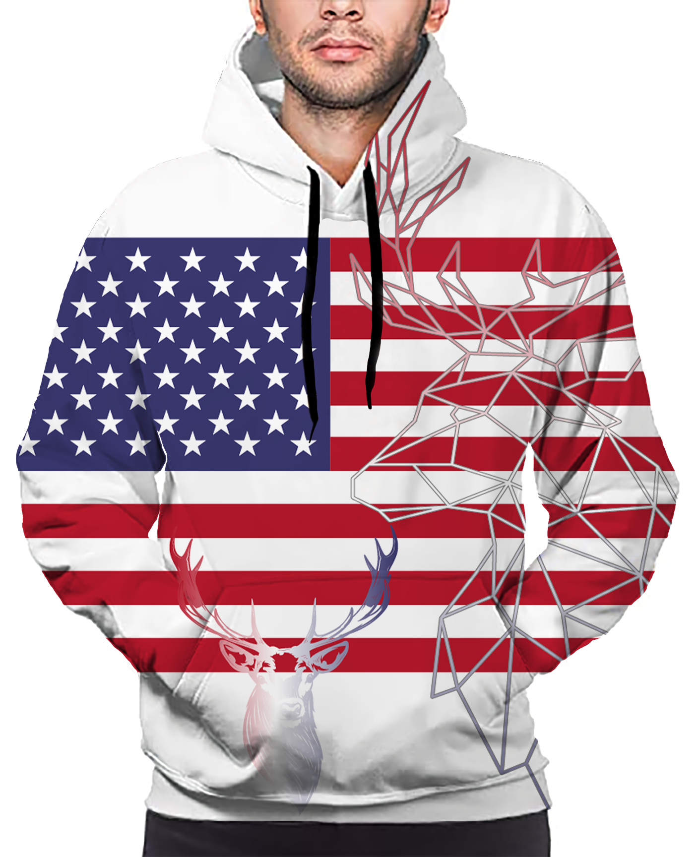 American Flag and Deer Print Long Sleeve Pullover Hoodie 3D Print Full S-5XL