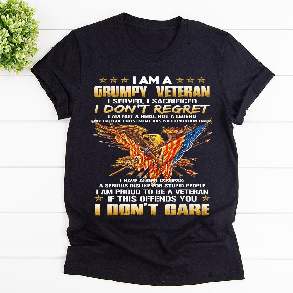 American flag eagle I am a grumpy veteran I don't regret I don't care T Shirt Black Unisex S-6XL