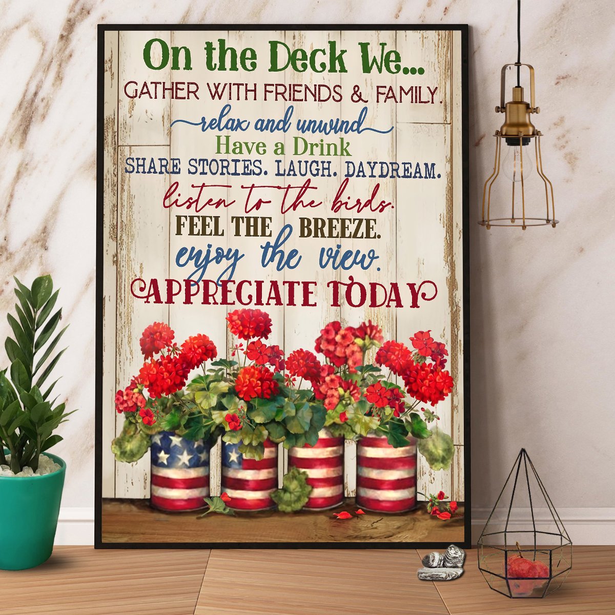 American Flag Flower On The Deck Geraniums Today Satin Poster Portrait No Frame