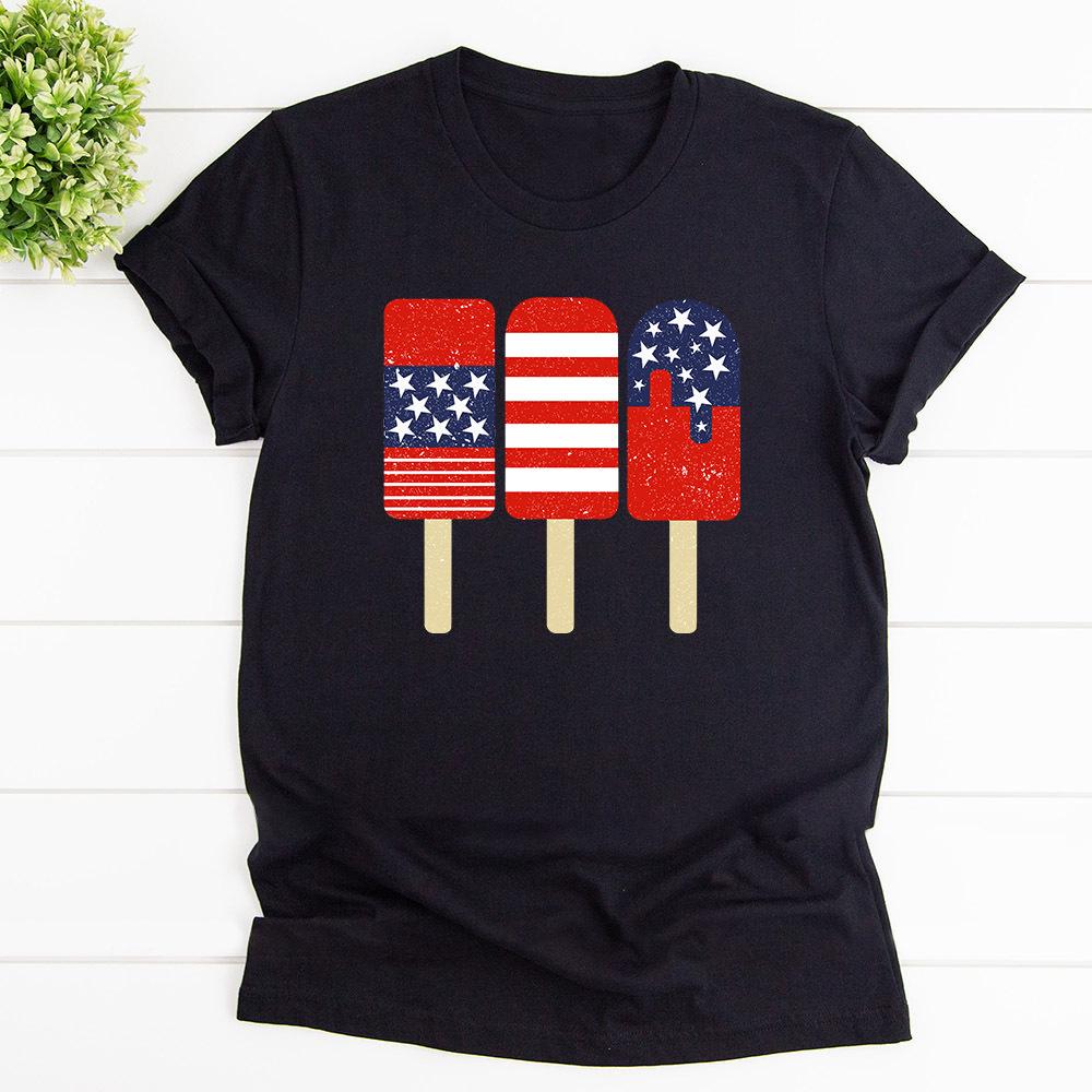 American Flag Ice Cream 4th Of July Funny Patriotic Cotton T Shirt Black Unisex S-6XL