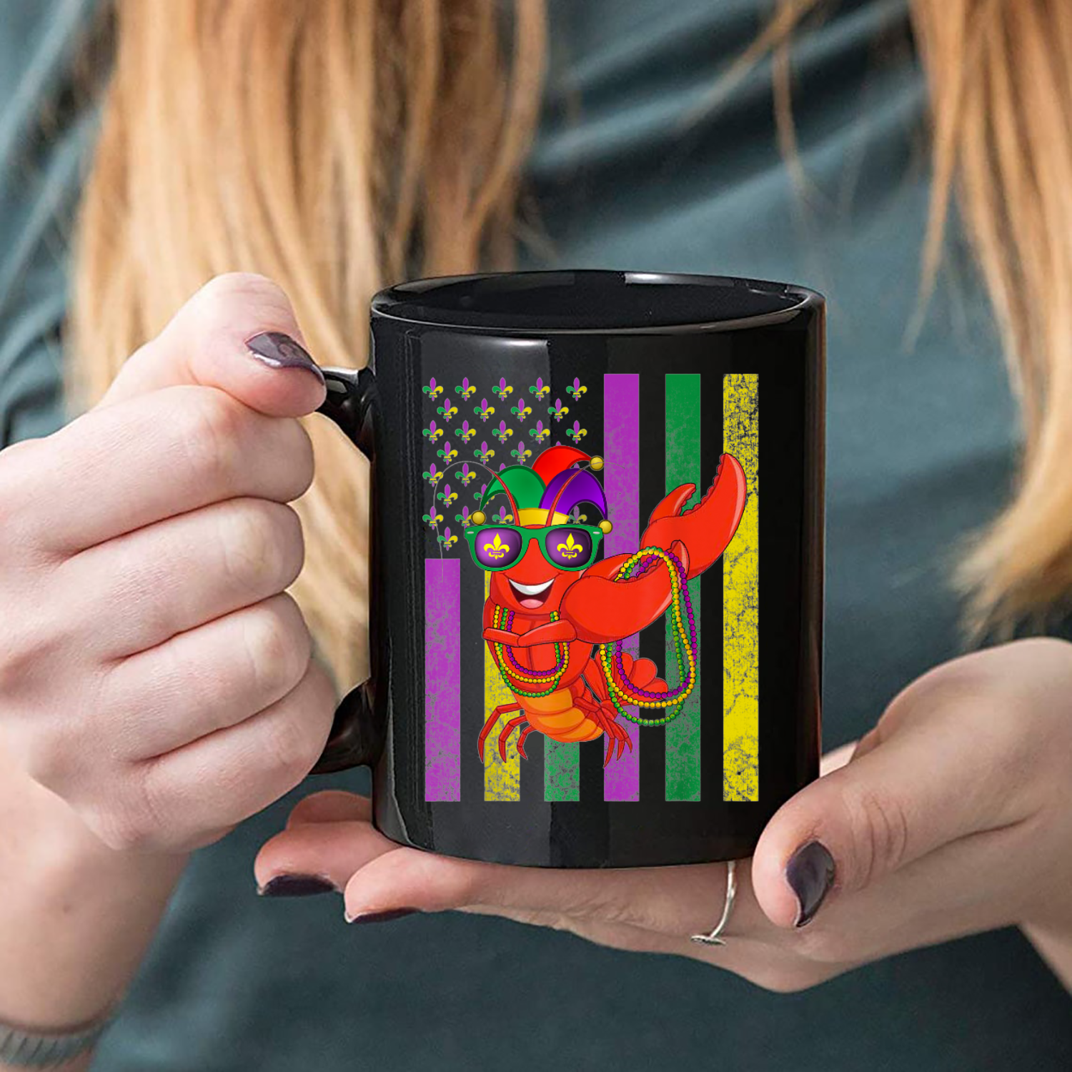 American Flag Mardi Gras Crawfish Dabbing Mug Black Ceramic 11-15oz Coffee Tea Cup