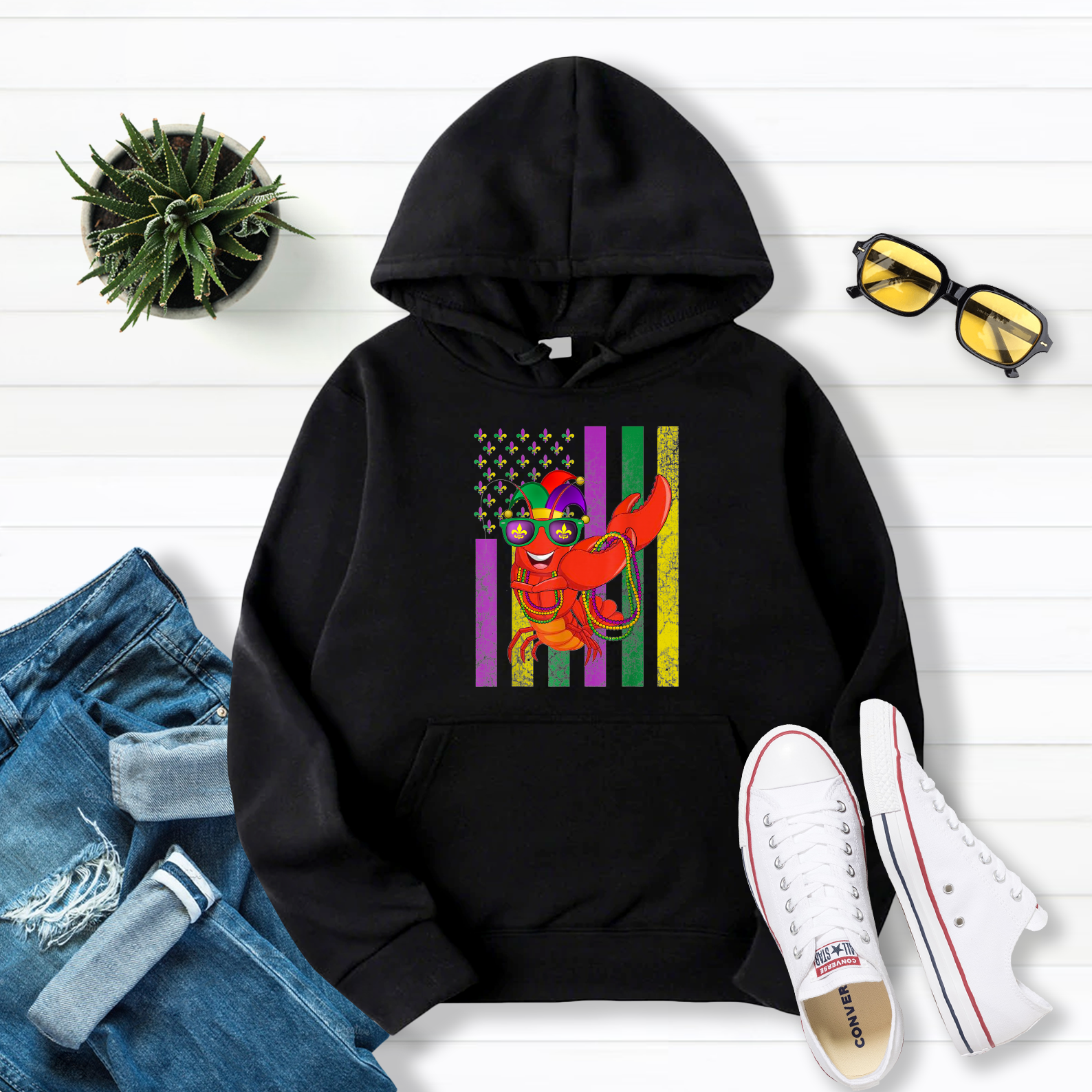 American Flag Mardi Gras Crawfish Dabbing Pullover Hoodie Black S-5XL