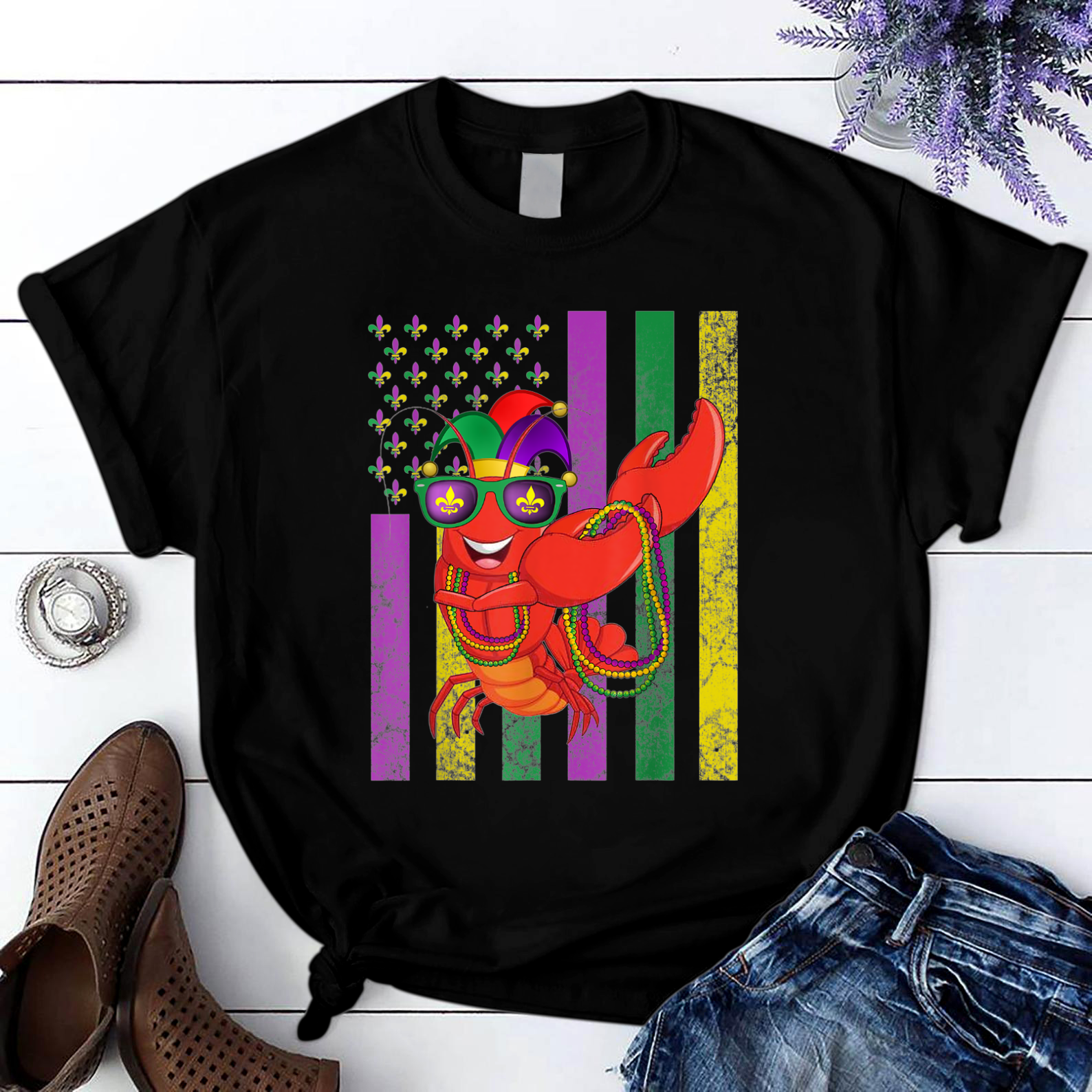 American Flag Mardi Gras Crawfish Dabbing T Shirt Black Unisex S-6Xl