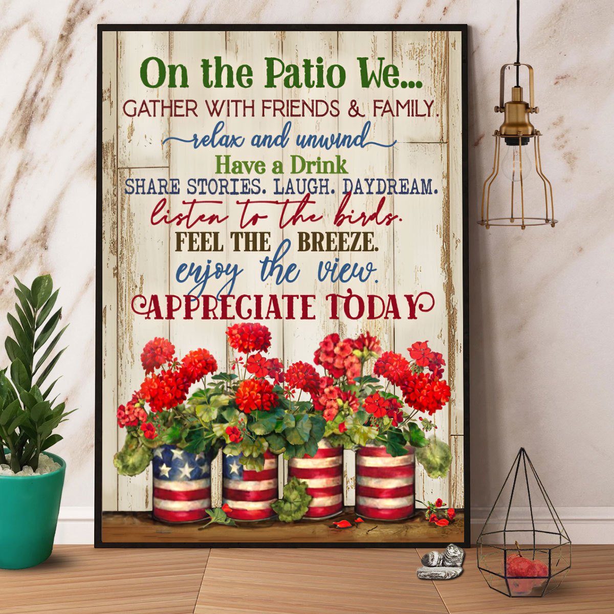 American Flag On The Patio We Gather With Friends & Family Satin Poster Portrait No Frame