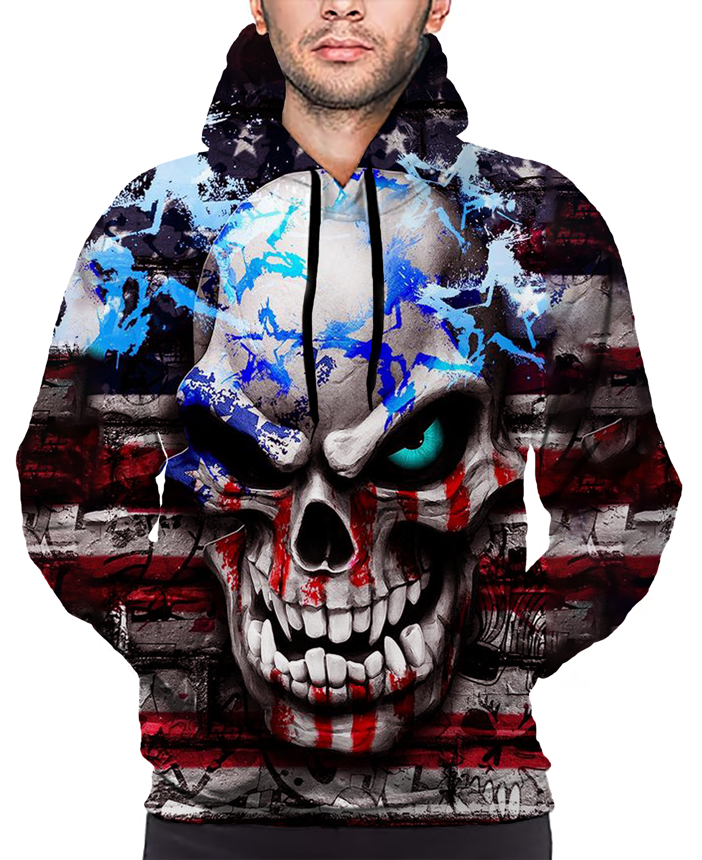 American Flag, Skull And Head, Paint Color Smudged Print Long Sleeve Pullover Hoodie 3D Print Full S-5XL