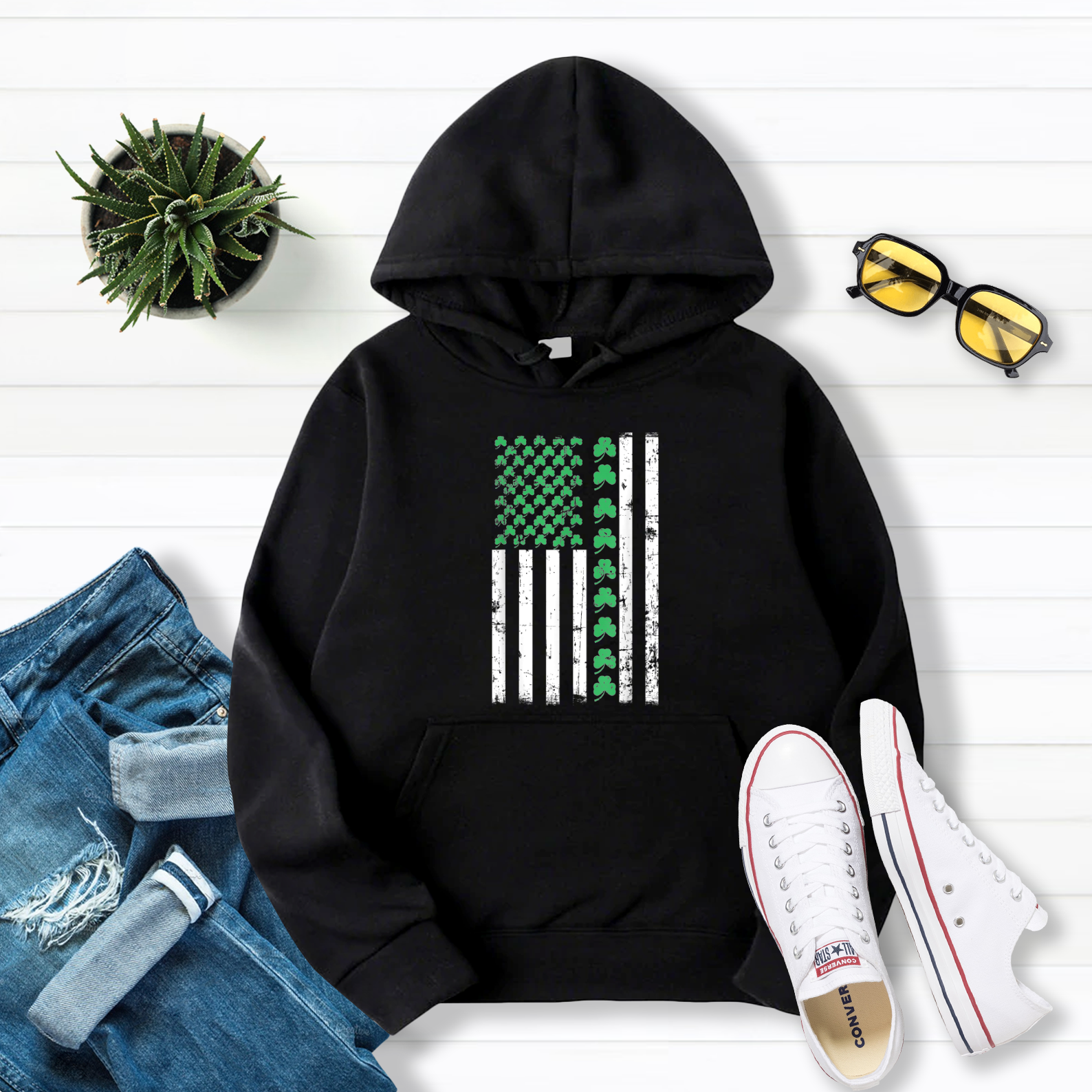 American Flag St Patricks Day Pullover Hoodie Black S-5XL