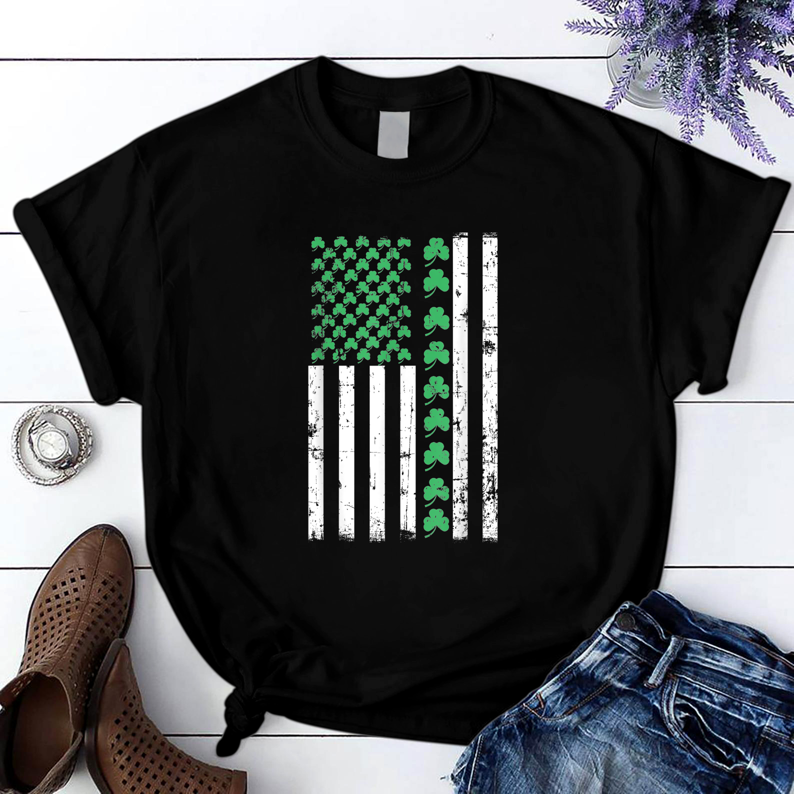 American Flag St Patricks Day T Shirt Black Unisex S-6Xl