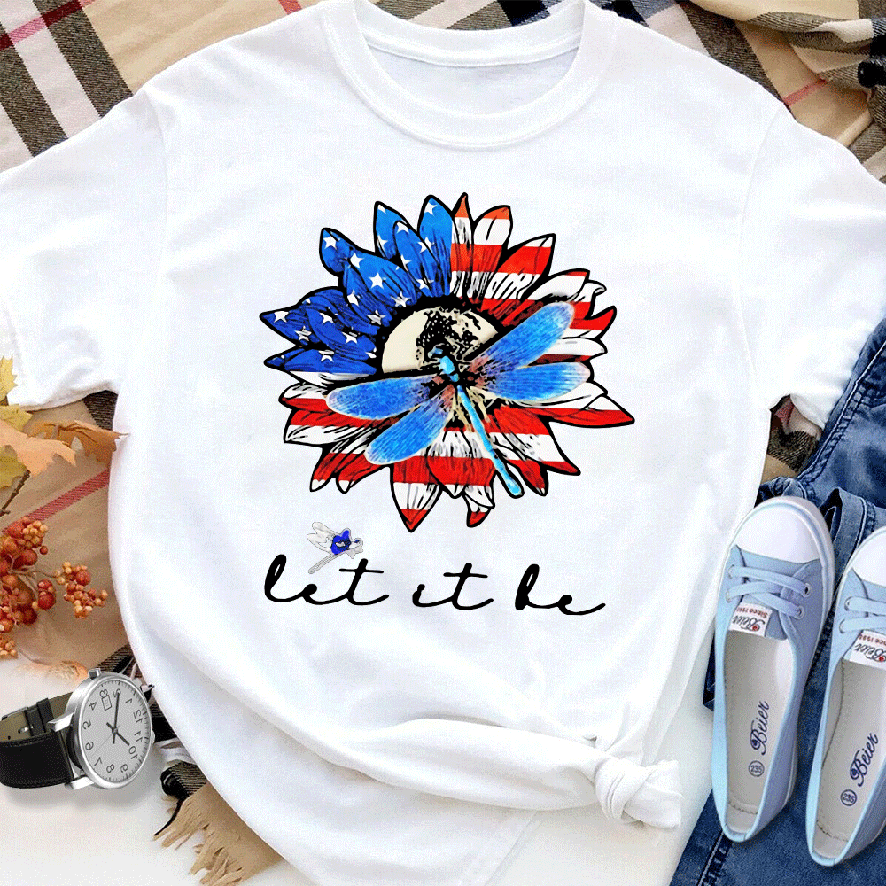 American Flag Sunflower Dragonfly Let It Be Cotton T Shirt White Unisex S-6XL