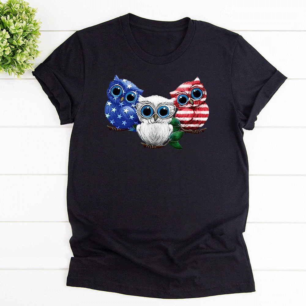 American Owls Cute Owls Independence Day Cotton T Shirt Black Unisex S-6XL