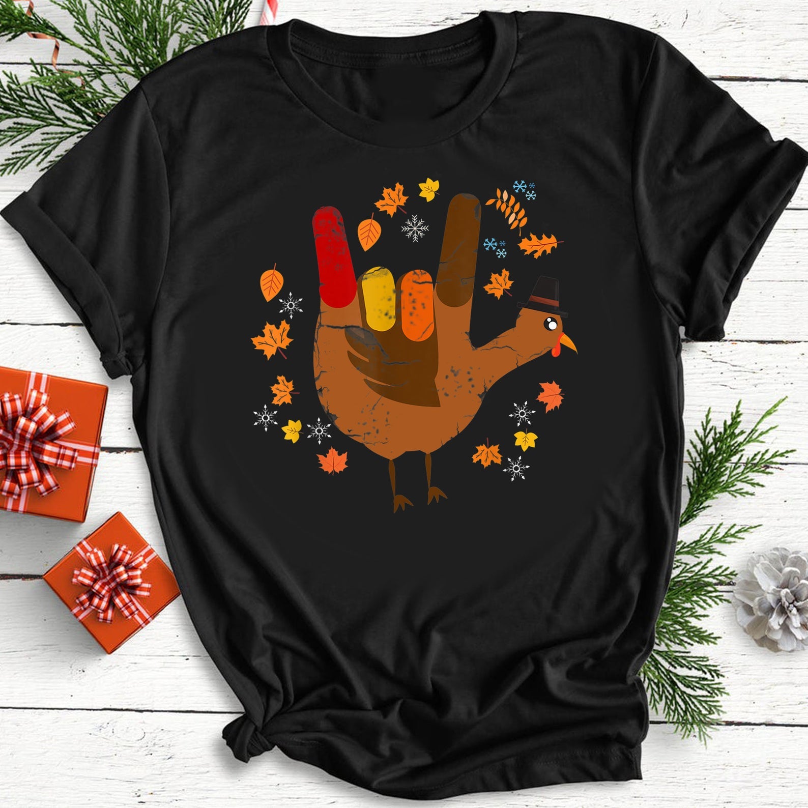 American Sign Language I Love You Thanksgiving Turkey T Shirt Black, Unisex, S-6XL