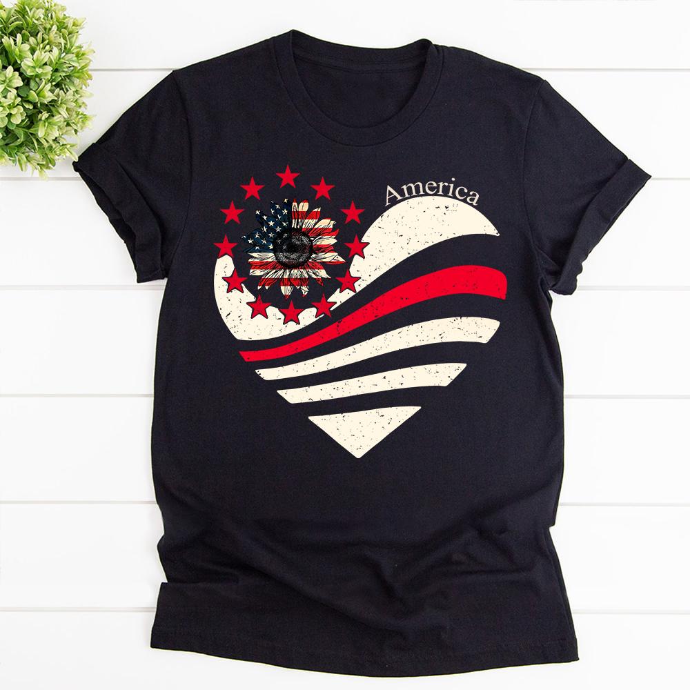 American Sunflowers Heart America Cotton T Shirt Black Unisex S-6XL