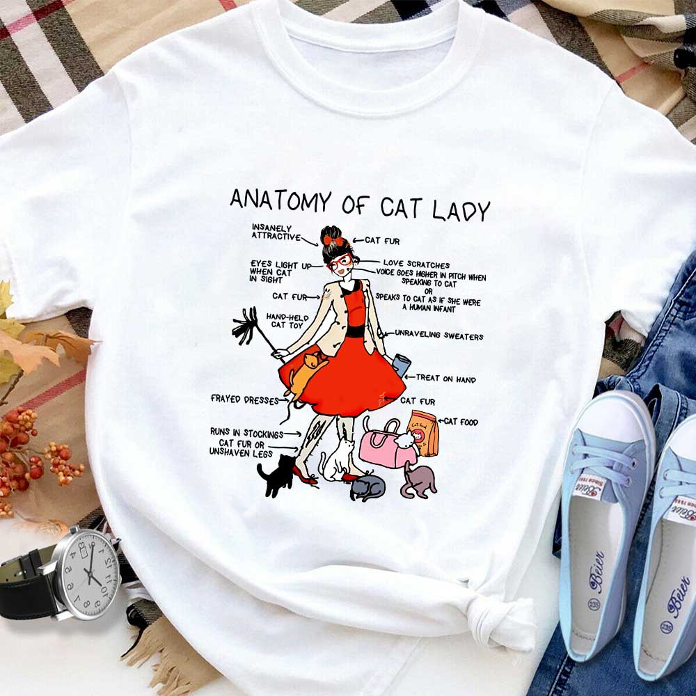 Anatomy Of Cat Lady Treat On Hand Cat Fur Food T Shirt White Unisex S-6XL