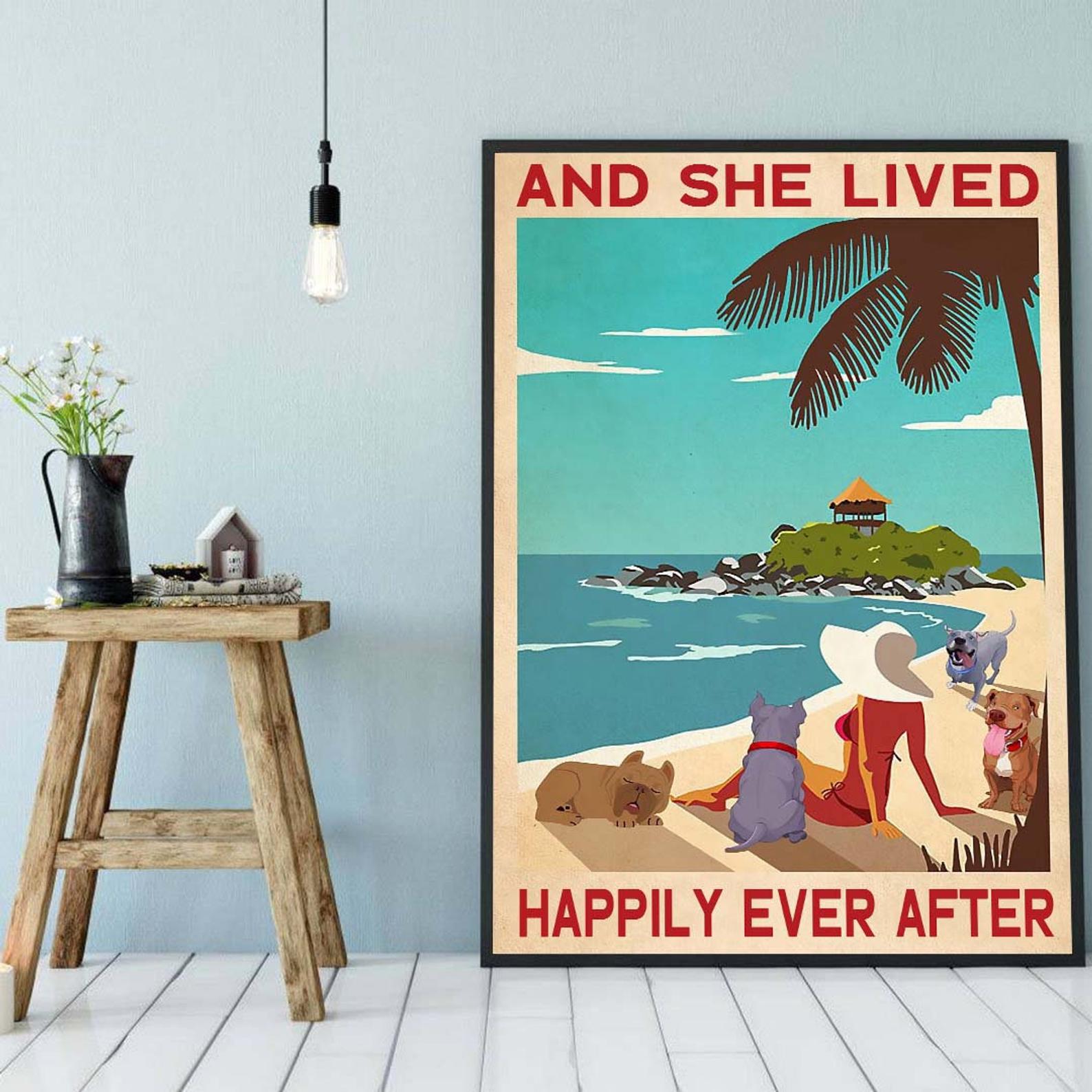 And She Lived Happily Ever After Dog Vintage Signs for Home Dog Lover Gift Dog Beach chill Satin Poster Portrait no Frame