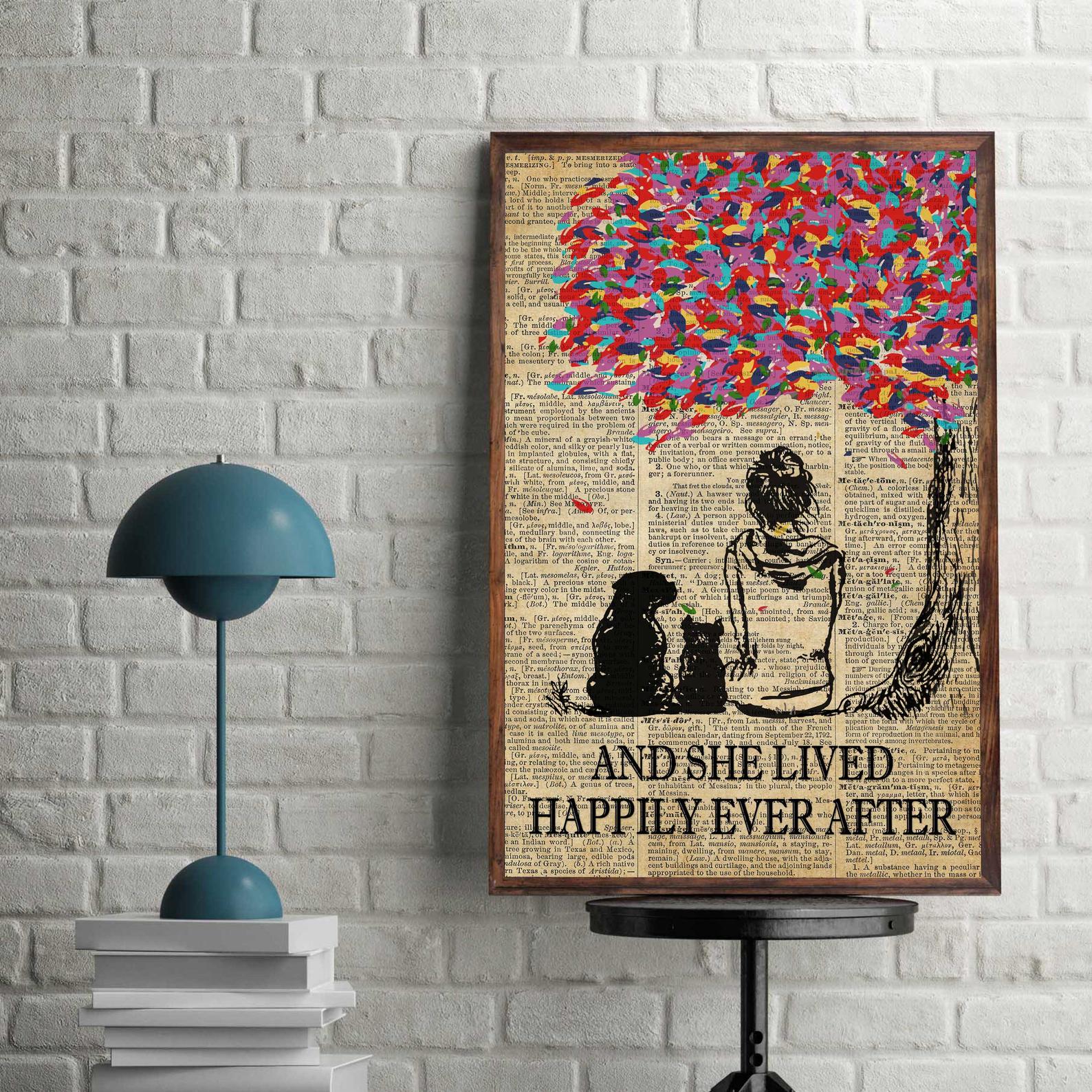 And She Lived Happily Ever After Gift For Animal Lover Vintage Satin Poster Portrait no Frame