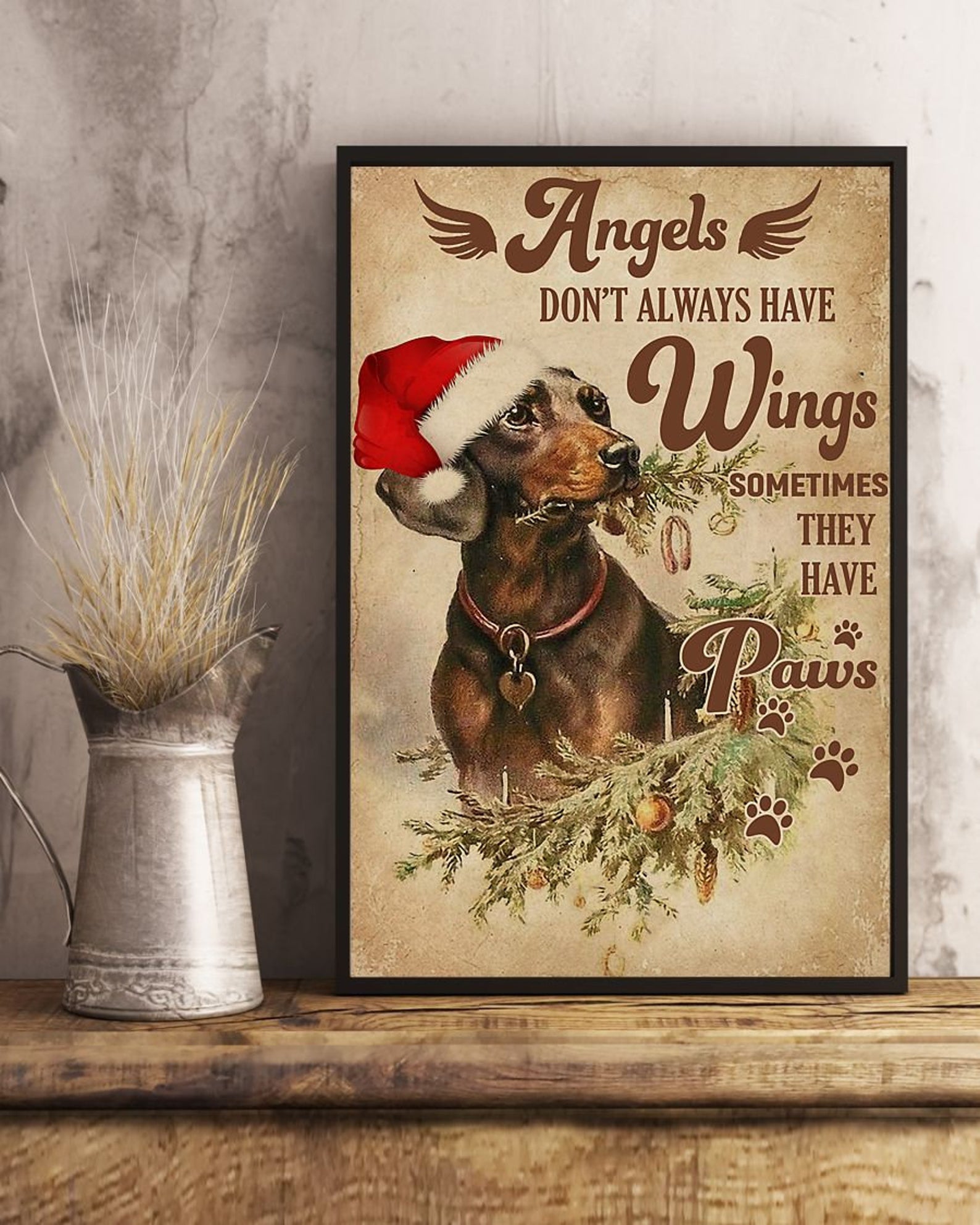 Angel Christmas Dachshund Dog With Red Hat Christmas Gift Satin Poster Portrait no Frame