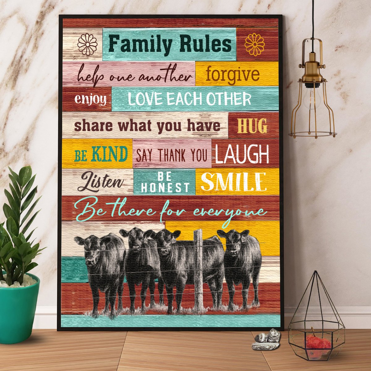 Angus Cow Family Rules Be There For Everyone Satin Poster Portrait No Frame