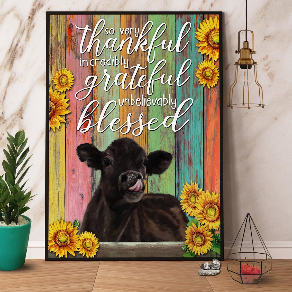 Angus Cow & Sunflower So Very Thankful Incredibly Grateful Unbelievably Blessed Satin Poster Portrait No Frame