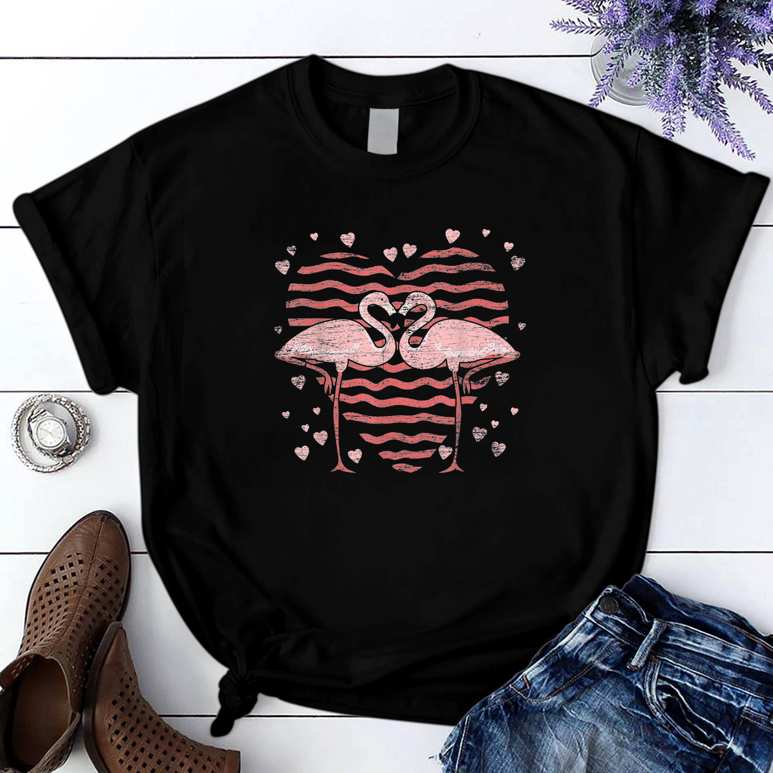 Animal Love Valentines Day Gift Flamingo T Shirt Black Unisex S-6Xl