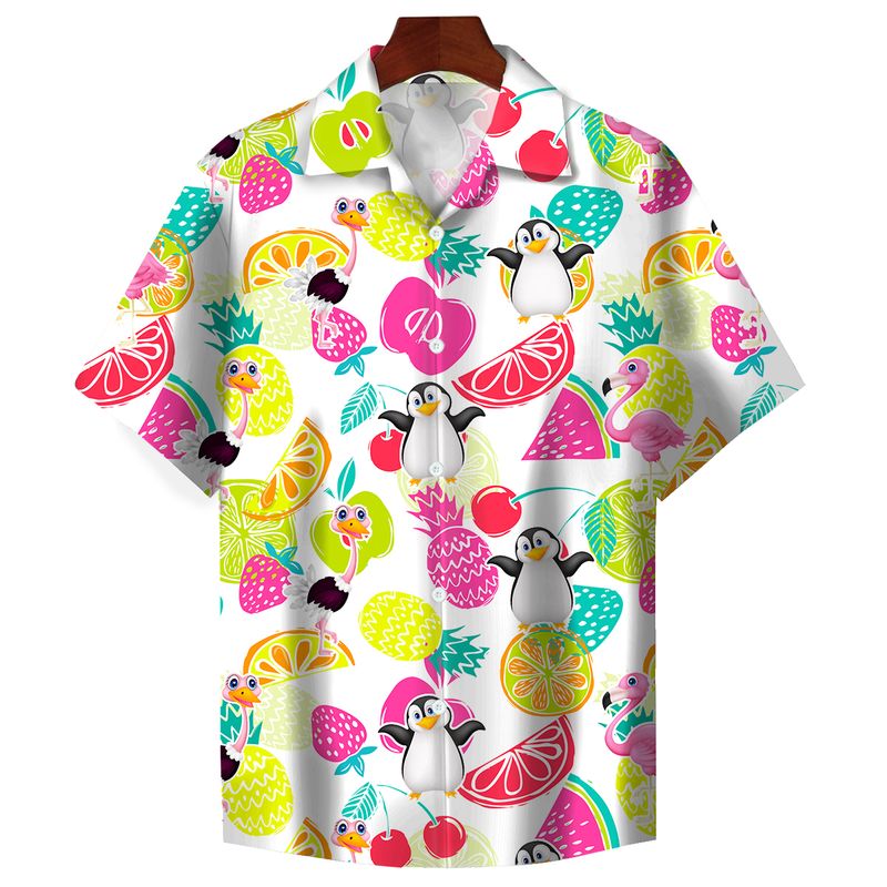 Animal tropical fruit flamingo penguin ostrich fruit seamless Red 3d hawaii shirt for Men