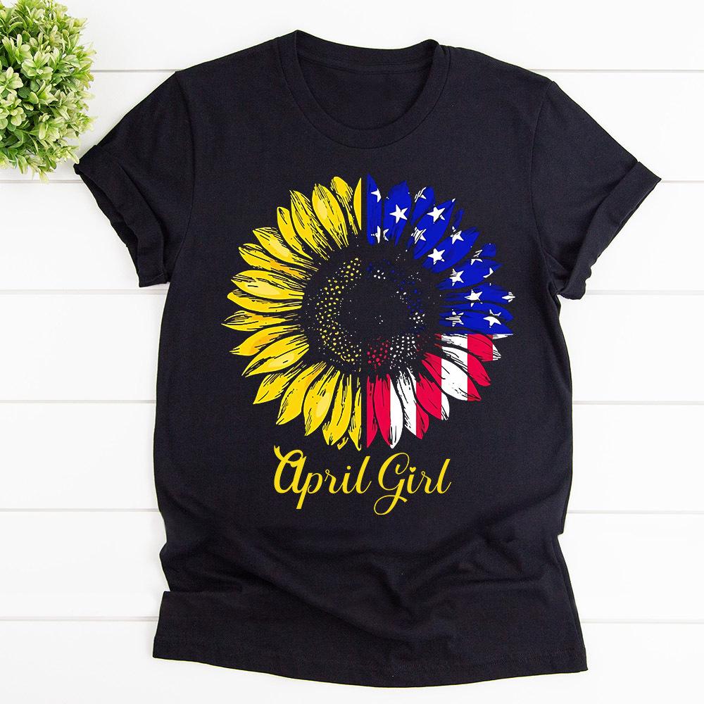 April Girl Sunflower American Flag Birthday Cotton T Shirt Black Unisex S-6XL