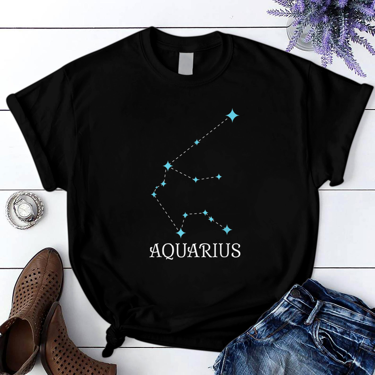 Aquarius Constellation Shirt Birthday January February T Shirt Black Unisex S-6Xl