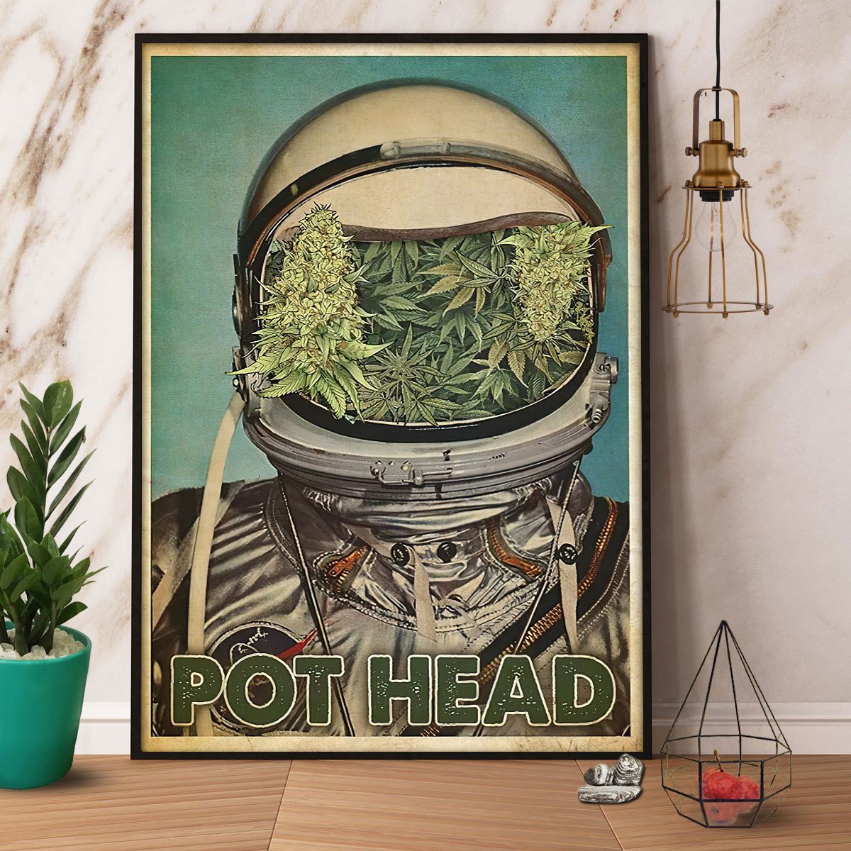 Astronaut Weed Pot Head Satin Poster Portrait No Frame