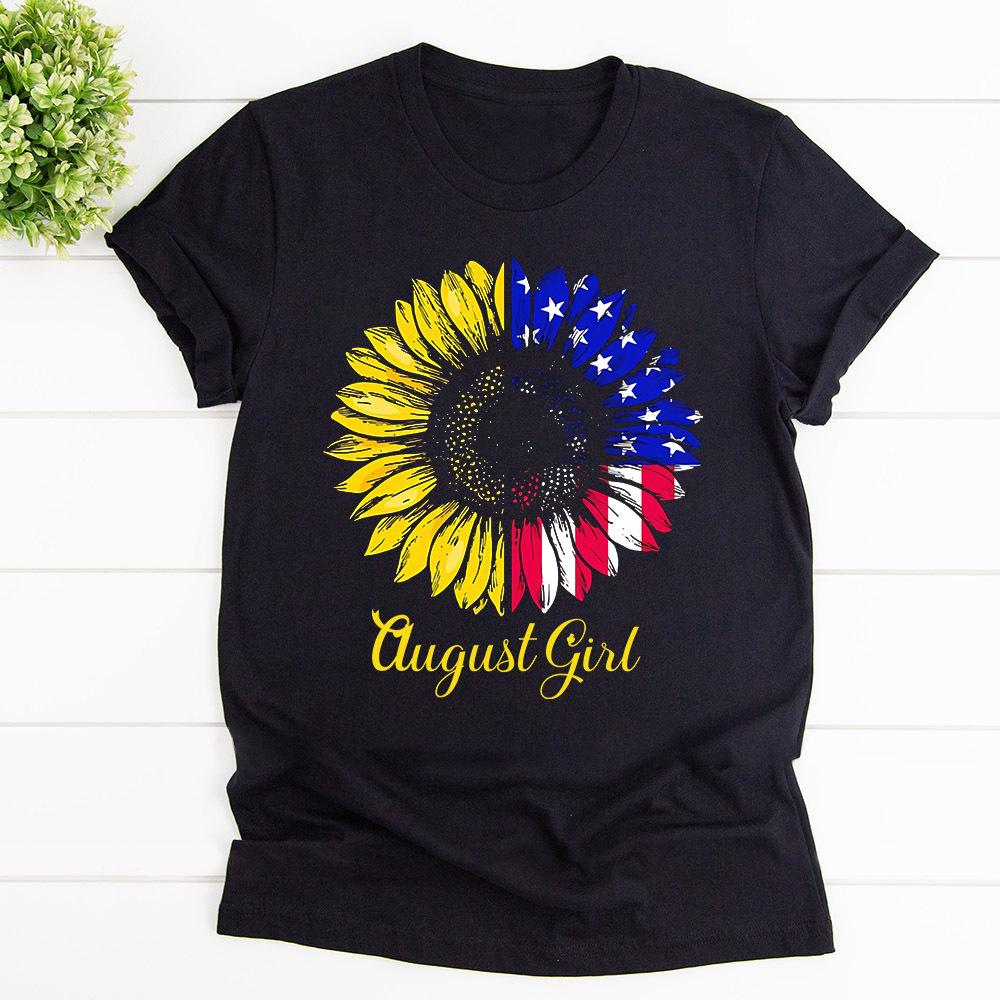 August Girl Sunflower American Flag Birthday Cotton T Shirt Black Unisex S-6XL