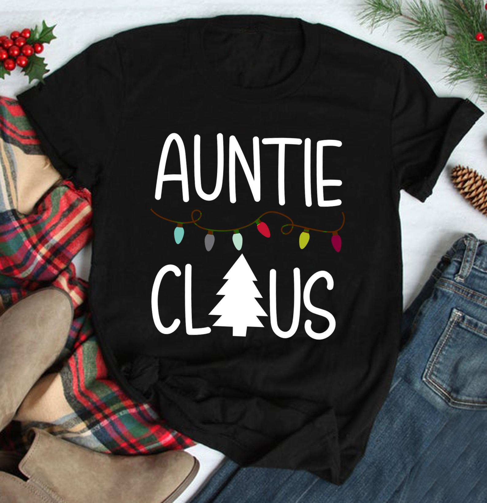 Auntie Claus Christmas Lights T Shirt Black Unisex S-6XL