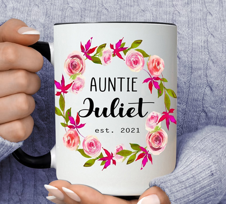 Auntie Est 2022 Personalized Name Juliet Inner Color Accent Mug 11oz Coffee Tea Cup