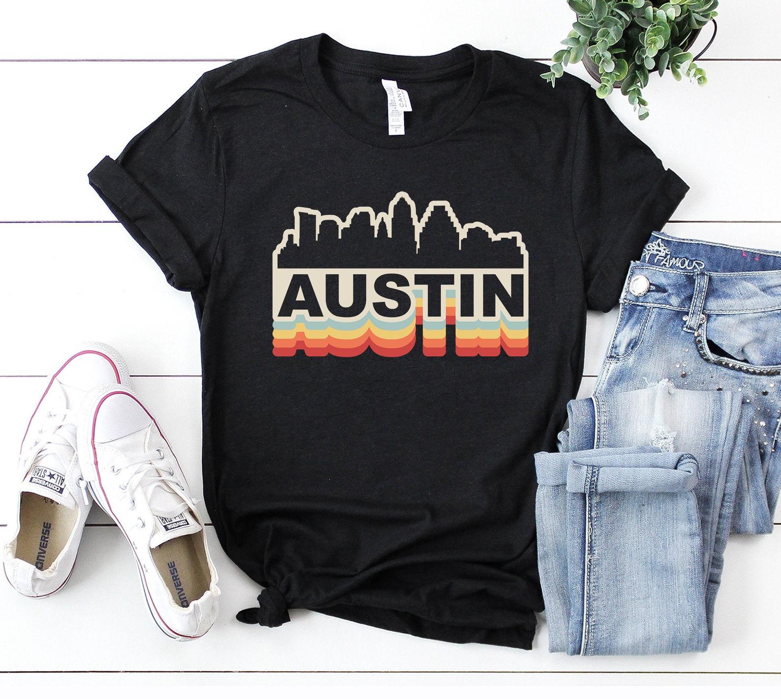 Austin City Skyline Vintage Retro Gift Austin Texas Austin Tourist Gifts Austin Souvenir T Shirt Black Unisex S-6XL