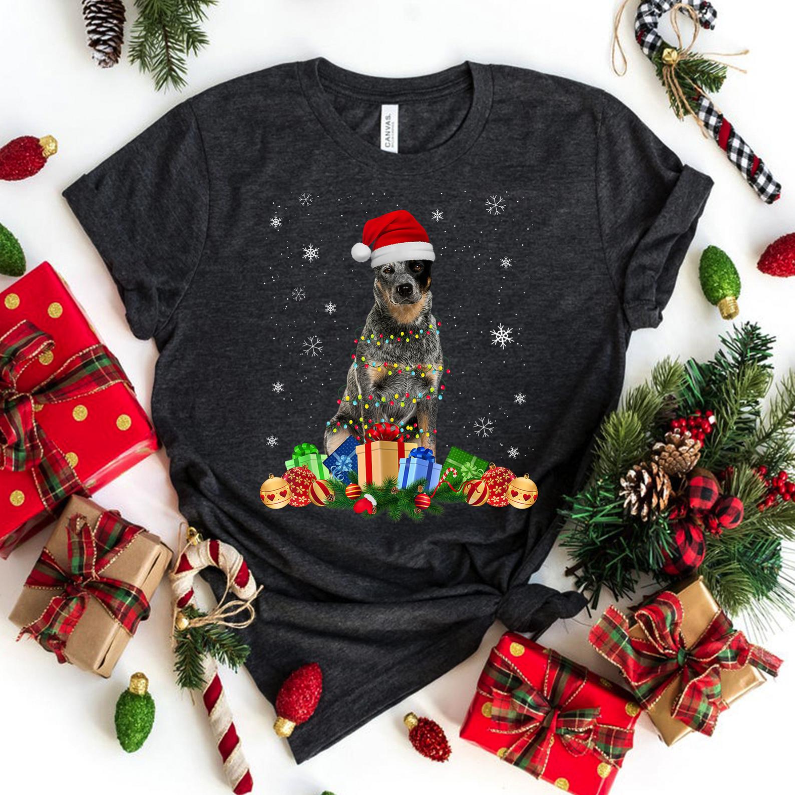 Australian Cattle Dog Christmas Lights Santa Xmas T Shirt Grey Unisex S-6Xl