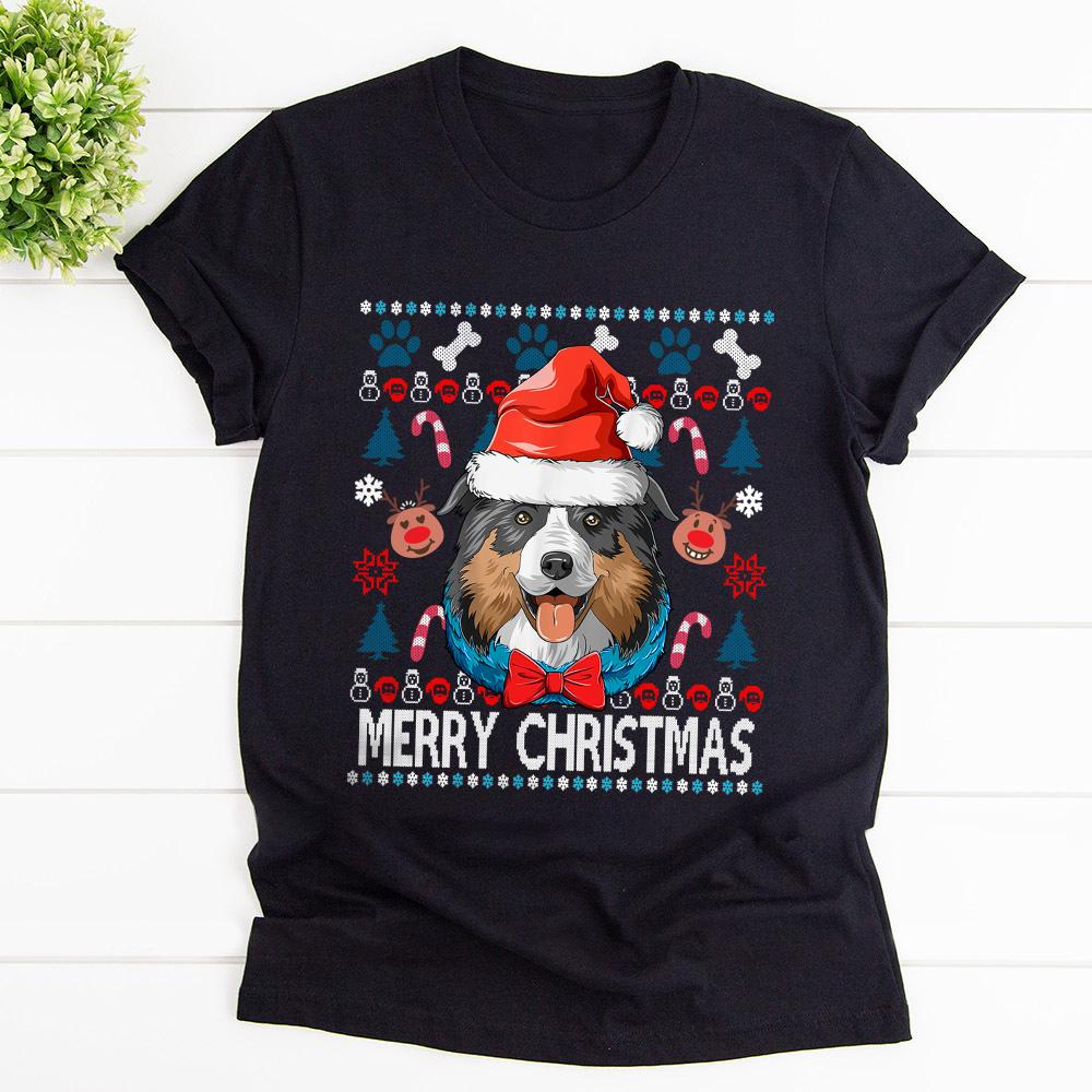 Australian Shepherd Antlers Christmas Xmas Santa Hat Candy Can Reindeer Merry Christmas T Shirt Black Unisex S-6XL