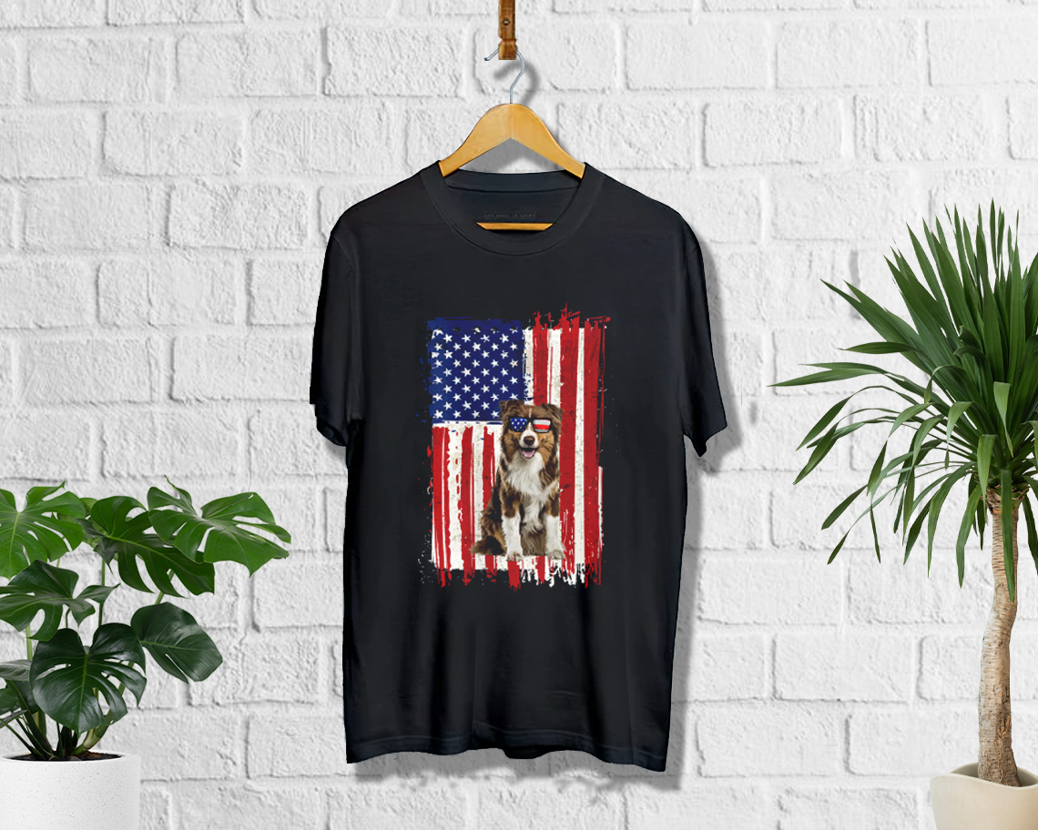 Australian Shepherd Dog American Flag Independence 4th July T-shirt Unisex S-6xl