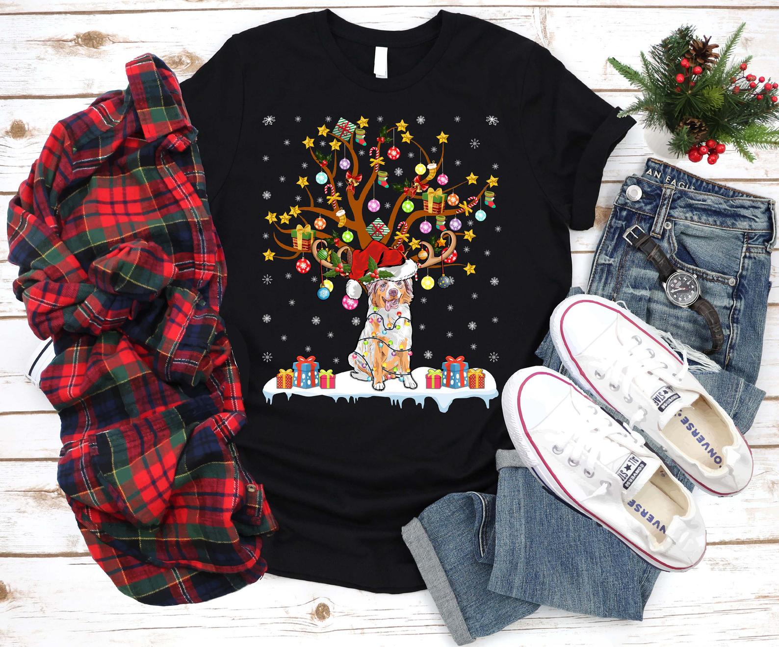 Australian Shepherd Dog Christmas Tree T Shirt Black Unisex S-6XL