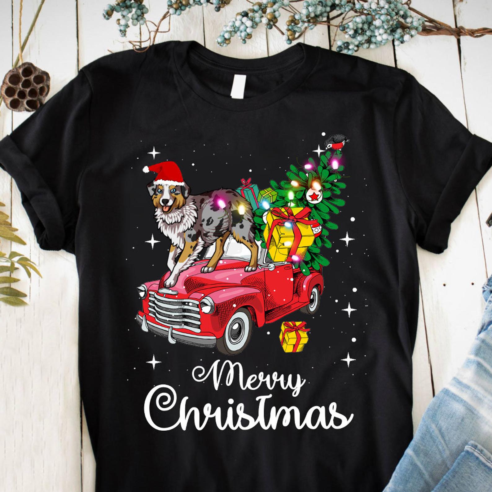 Australian Shepherd Ride Red Truck Christmas Pajama T Shirt Black Unisex S-6XL