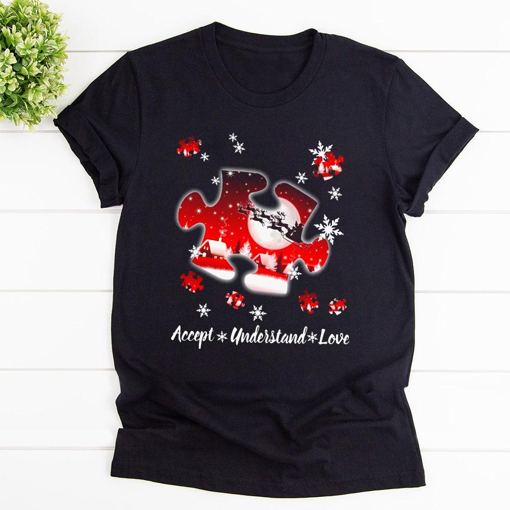 Autism Accept Understand Love Merry Christmas Santa Claus Riding Reindeer I Wear Red T Shirt Black Unisex S-6XL