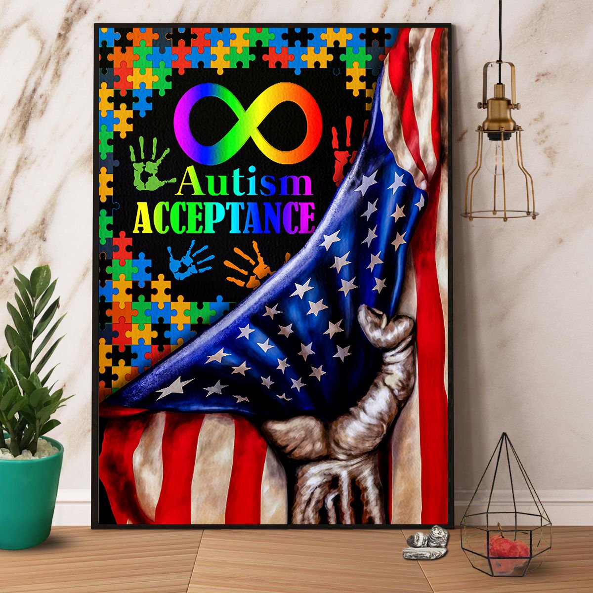 Autism Acceptance Usa Flag With Hand Satin Poster Portrait No Frame