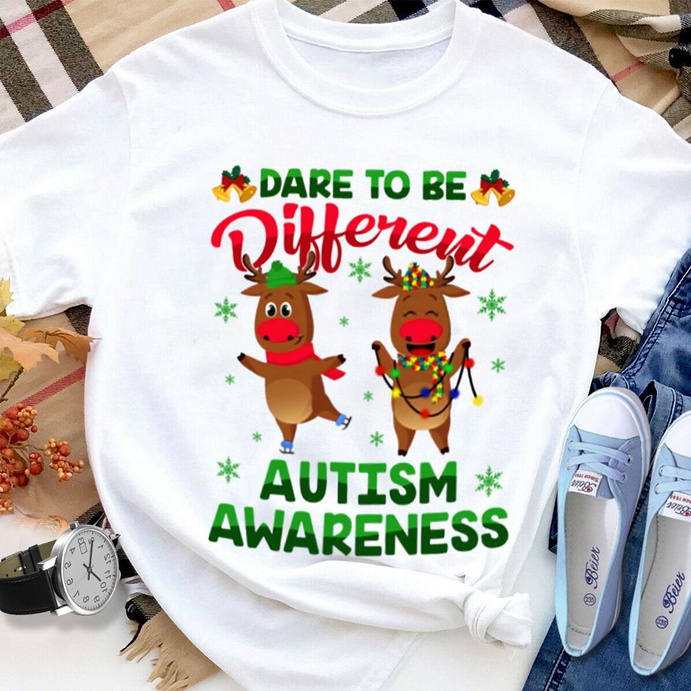 Autism Awareness Couple Deer Dare To Be Different Light Green Snow T Shirt White Unisex S-6XL