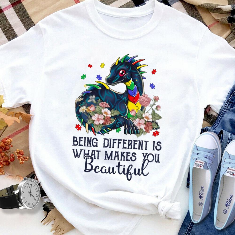 Autism Awareness Dragon Being Different Is What Makes You Beautiful Flowers T Shirt White Unisex S-6XL