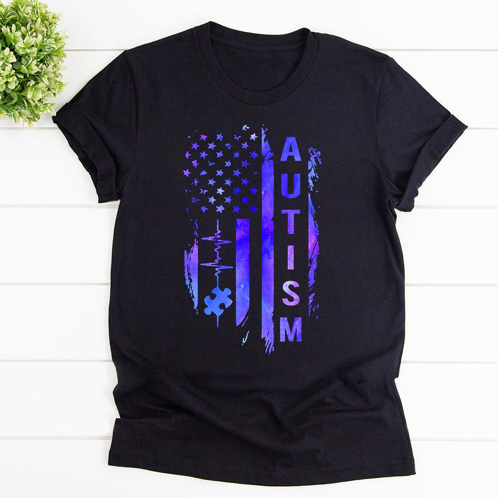 Autism awareness heartbeat american flag autism warrior T Shirt Black Unisex S-6XL