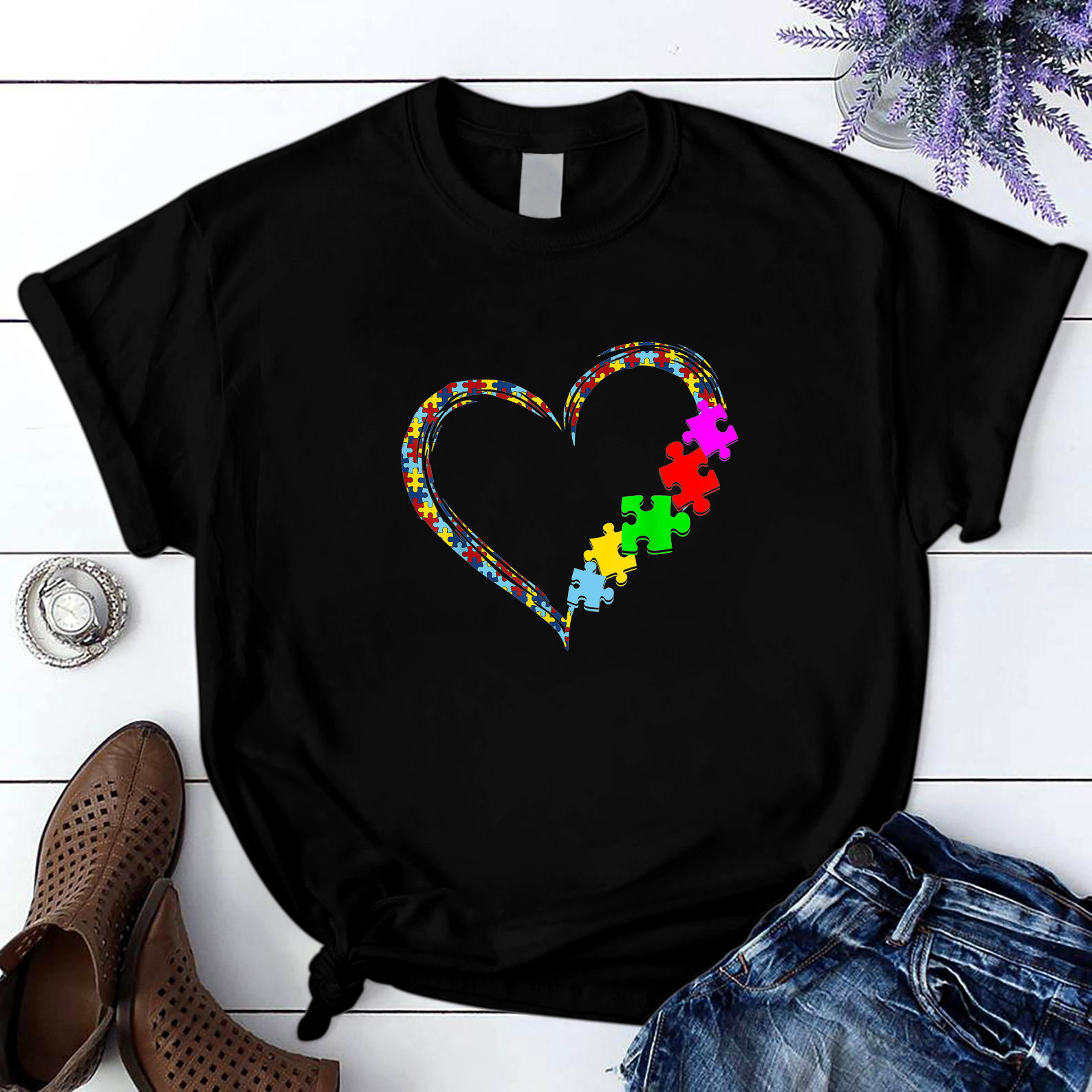 Autism Awareness Love Heart Puzzle Piece Valentines Day Gift T Shirt Black Unisex S-6Xl