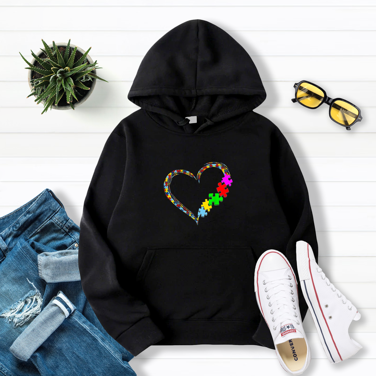 Autism Awareness Love Heart Puzzle Piece Valentines Day Pullover Hoodie Black S-5Xl