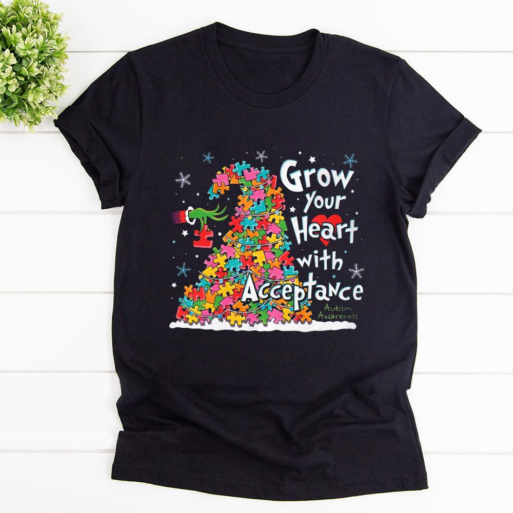 Autism Awearness Grow Your Heart With Acceptance Snow Winter T Shirt Black Unisex S-6XL