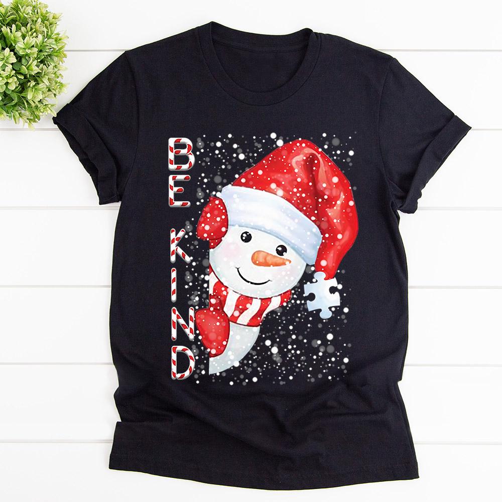 Autism snowman be kind santa hat winter snow happy face T Shirt Black Unisex S-6XL