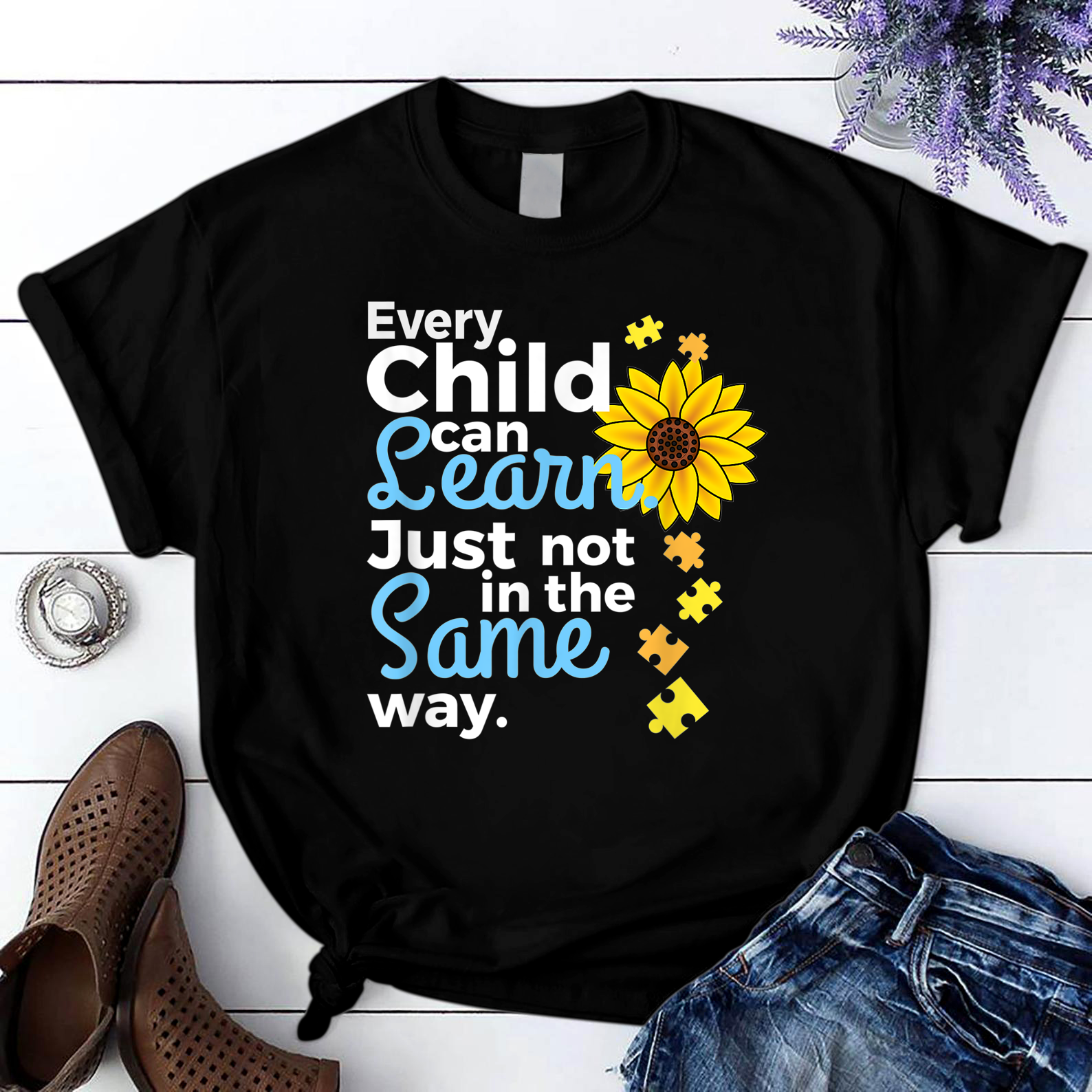 Autism Special Education Teacher Sunflower T Shirt Black Unisex S-6XL