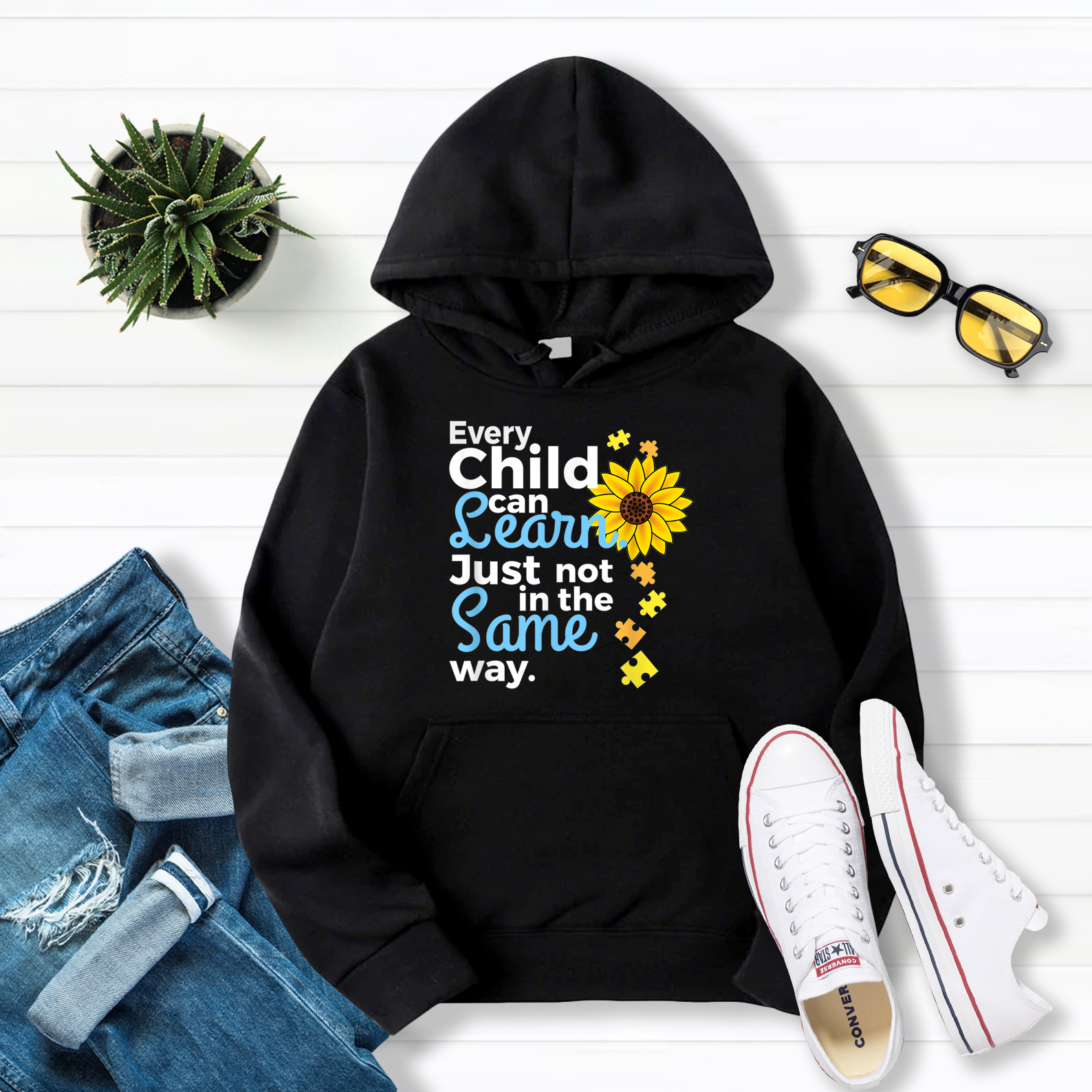 Autism Special Education Teacher Sunflower V1 Pullover Hoodie Black S-5XL