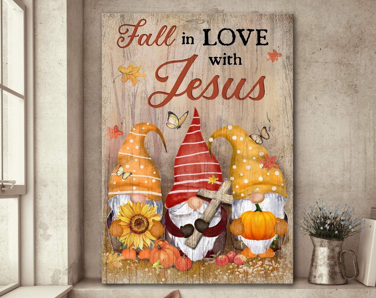 Autumn Gnome - Fall in love with Jesus - God Christian Gifts ation Frame Wrapped Canvas Home Decor full size