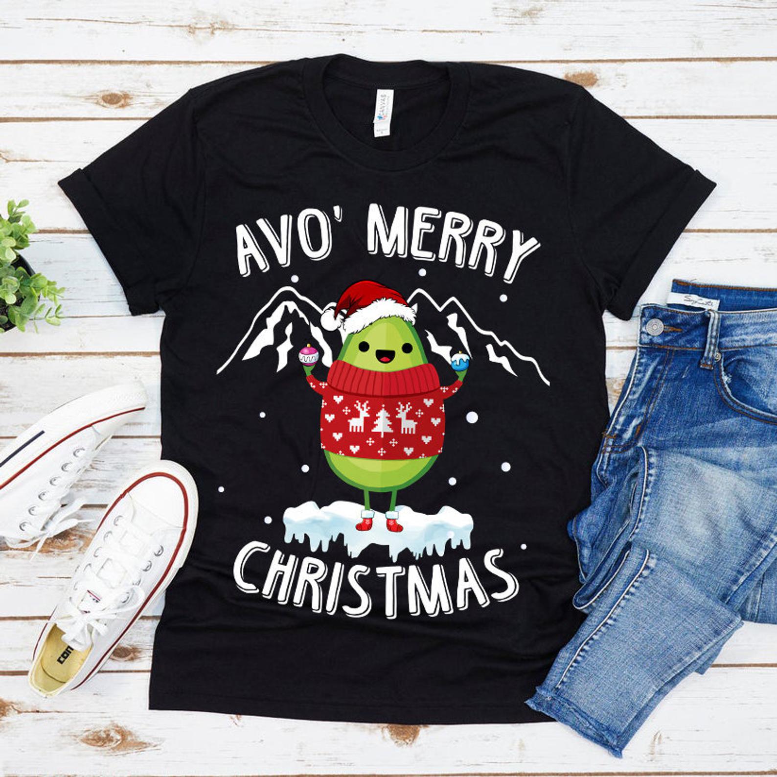 Avocado Merry Christmas Holiday T Shirt Black, Unisex, S-6XL