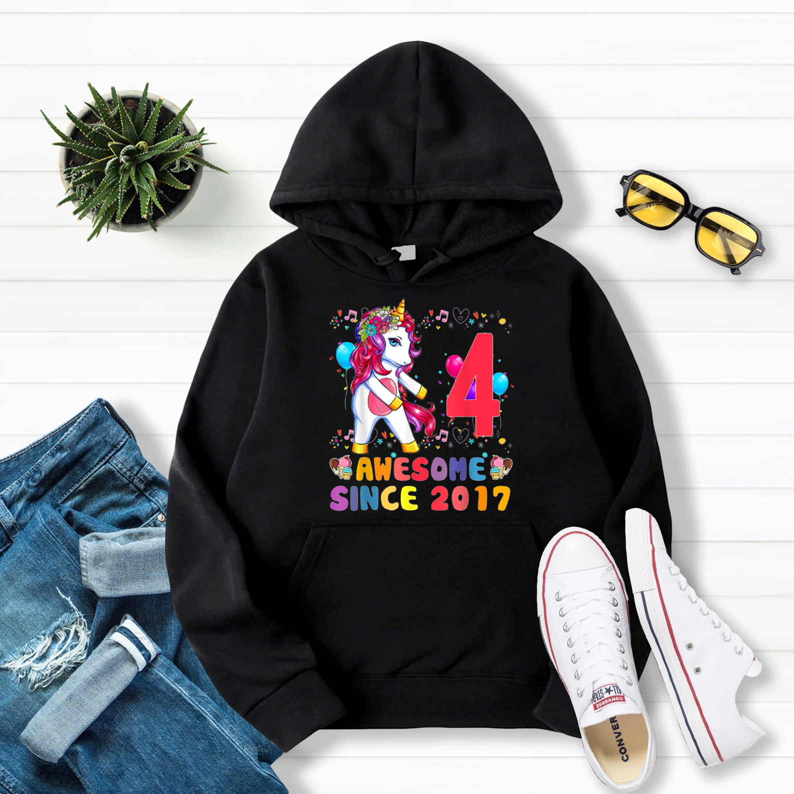 Awesome 4 Years Old 4th Birthday Gifts 2017 Unicorn Dabbing Girls Pullover Hoodie Black S-5XL