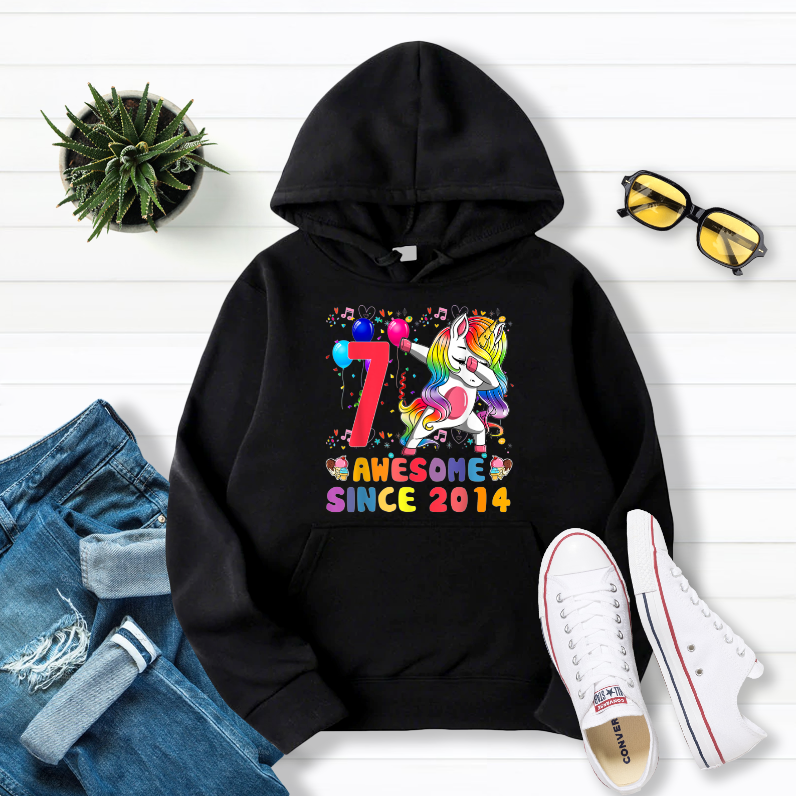 Awesome 7 Years Old 7th Birthday Gifts 2014 Unicorn Dabbing Girls Pullover Hoodie Black S-5XL